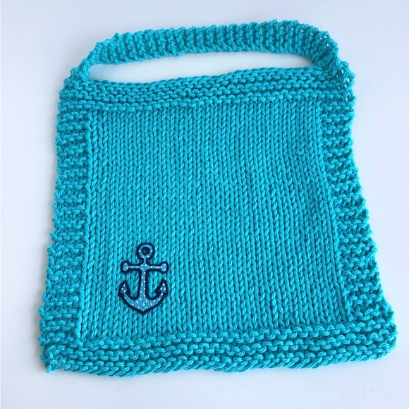 Baby Bib Set Hand Crafted Washcloth Blue Cotton Knit Anchor - Picture 3 of 12